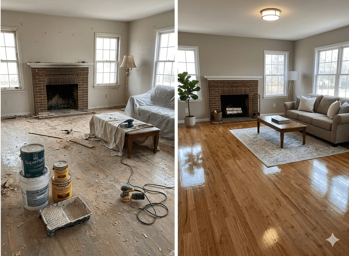 Before and after after builders cleaning London — construction dust and debris fully removed by Full Cleaning Service